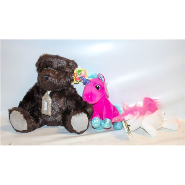 3 NEW WITH TAGS STUFFIES TOYS BEAR + 2 UNICORNS