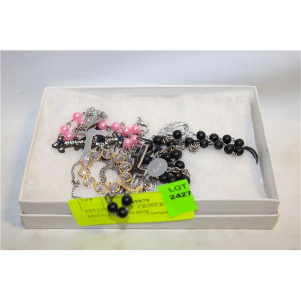 ESTATE ROSARY, CROSS & MEDALLIONS IN BOX