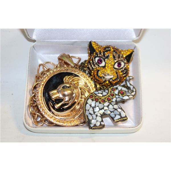 ESTATE ELEPHANT, TIGER & LION JEWELRY IN BOX
