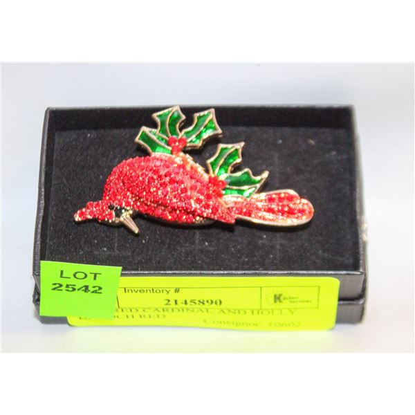 NEW RED CARDINAL AND HOLLY BROOCH RED
