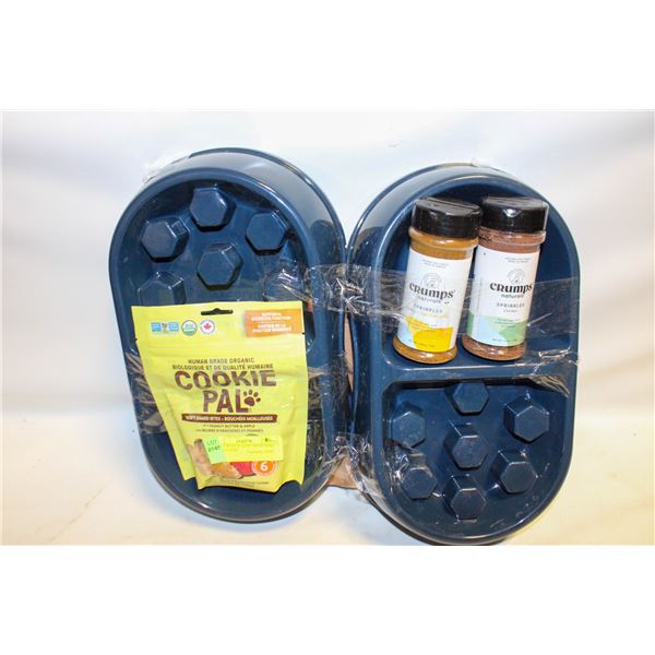 NEW- 2 BLUE PLASTIC SLOW FEED DOUBLE DISH