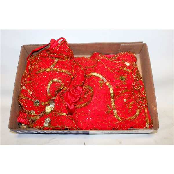 RED BELLY DANCE OUTFIT WITH GOLD SEQUENCE BOTTOM