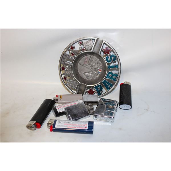 2 ZIPPOS PLUS PARIS ASHTRAY AND LIGHTERS