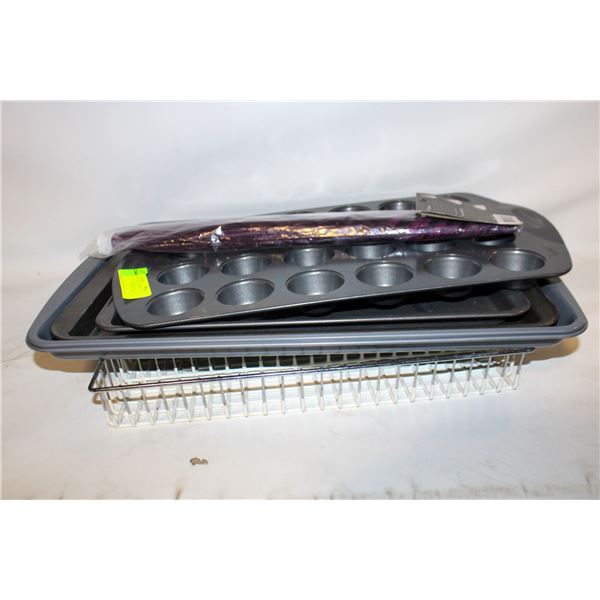 BAKING PANS PLUS COOLING RACKS PLUS FLATWARE TRAY