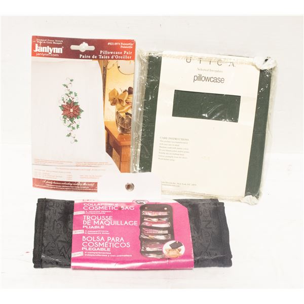 NEW SEALED 3 PILLOWCASES PLUS FOLDABLE MAKEUP BAG