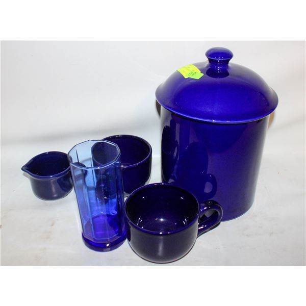 COBALT BLUE 8" CANISTER W/LID, 2 MUGS,
