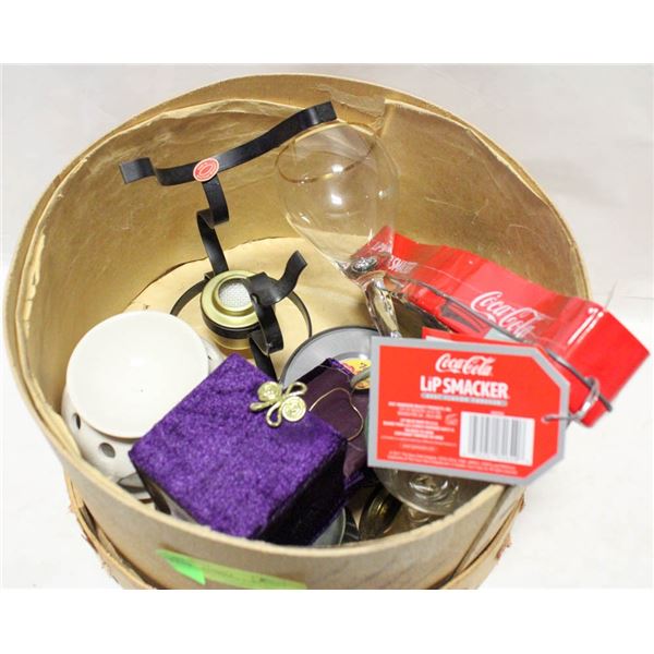 HAT BOX; IRISH COFFEE CUPS AND WARMER