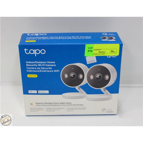 NEW 2 PACK OF TAPO INDOOR/OUTDOOR WIFI CAMERAS