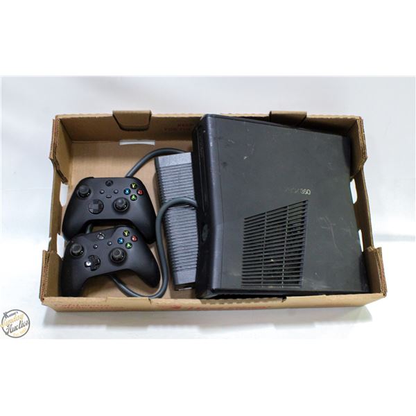 XBOX 360 WITH CORDS AND TWO CONTROLLERS