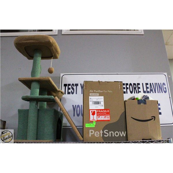 LOT - NEW CAT TREE, AIR PURIFIER, CLEANER, TREATS