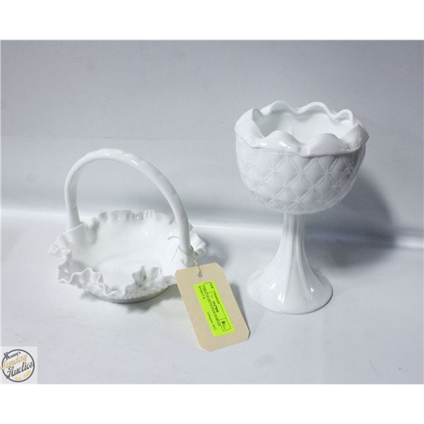 2 MILK GLASS FENTON HOBNAIL BASKET &