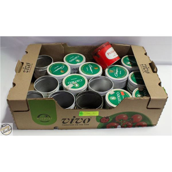 FLAT OF VINTAGE TOBACCO CANS X 16