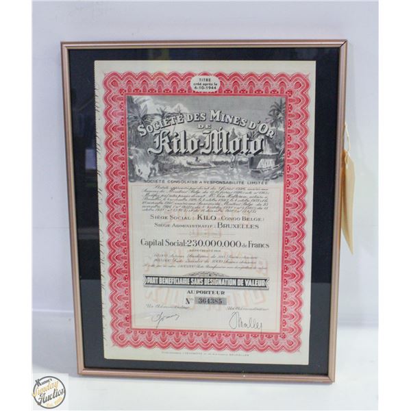 1944 KILO-MOTO (CONGO) FRAMED STOCK