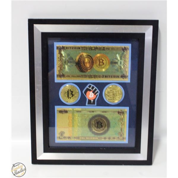 GOLD PLATED NOVELTY BITCOIN & NOTES FRAMED DISPLAY