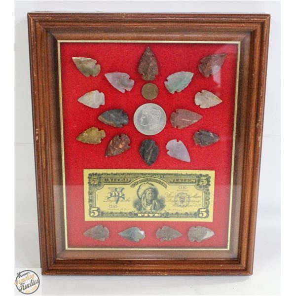 FRAMED 18 ARROWHEADS WITH COINS & GOLD
