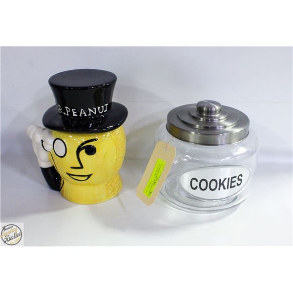 2 COOKIE JARS - MR.PEANUT & CLEAR GLASS