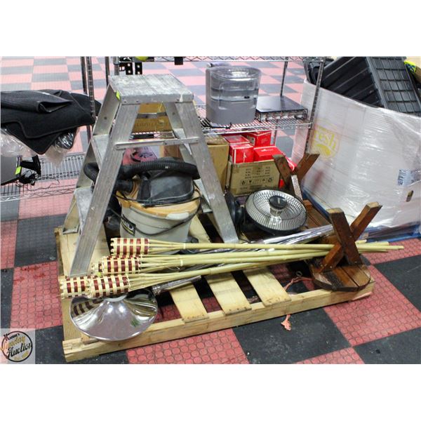 PALLET OF MISC INCLUDES NOMA HEATER, STANCHION