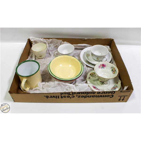 VINTAGE ENAMELWARE SOLD WITH CHINA