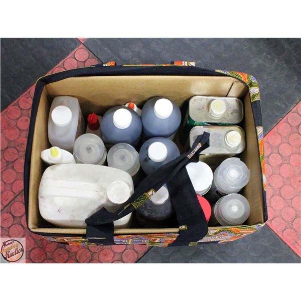 TOTE OF LINSEED OIL, PAINT AND MORE.