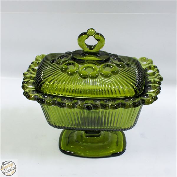 VINTAGE GREEN GLASS BUTTER DISH