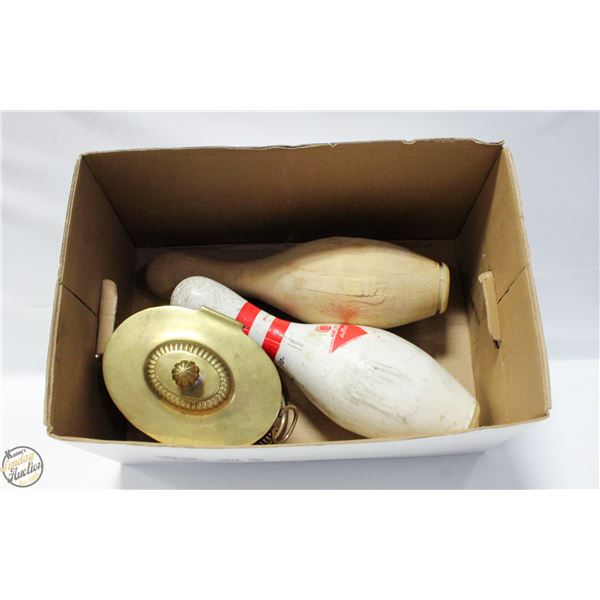 PAIR OF BOWLING PINS SOLD WITH BRASS ICE BUCKET