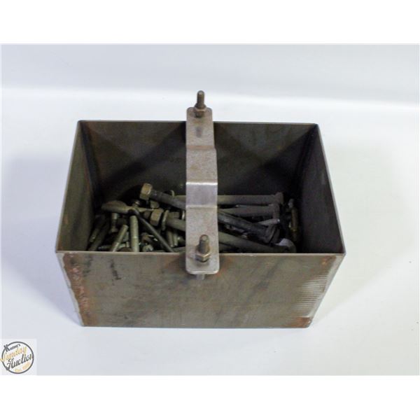 METAL CONTAINER WITH VARIOUS LARGE BOLTS & WASHERS