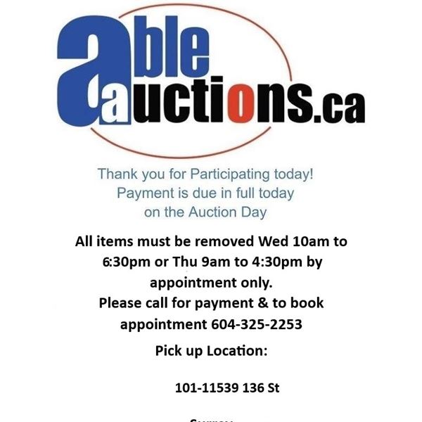 All items must be removed Wed 11-6:30 & Thu-Fri 9-4:30 by appointment