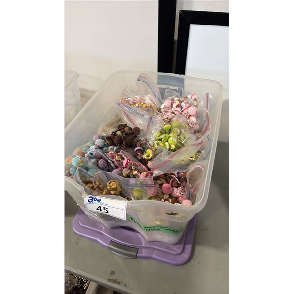 BIN OF ASSORTED NECKLACES INCL BONE, HAND WOVEN AND MORE