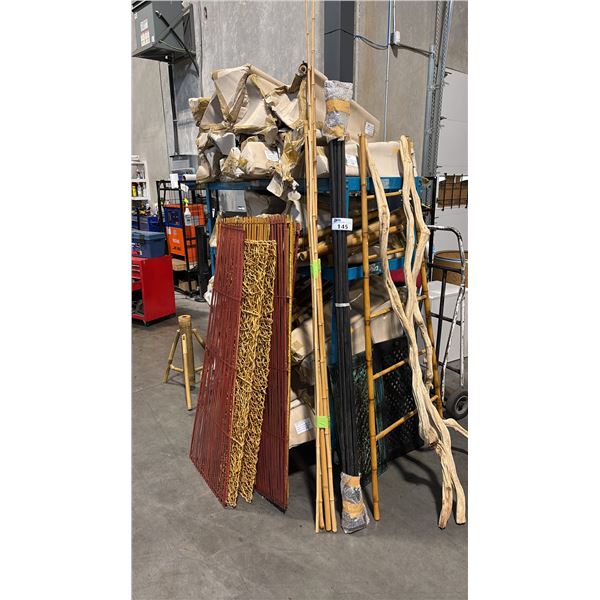 MISCELLANEOUS ITEMS INCL REDWOOD STUMP, BAMBOO TIKI TORCH BASE STANDS, PRIVACY PANELS, VINES,