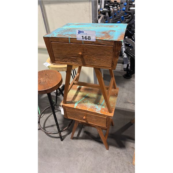 2 RECLAIMED WOODEN TABLES WITH DRAWER D14" X W17" X H21"