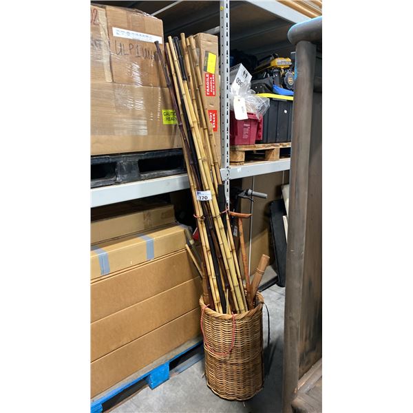 RATAN BASKET WITH BUNDLE OF BAMBOO STICKS AND MORE