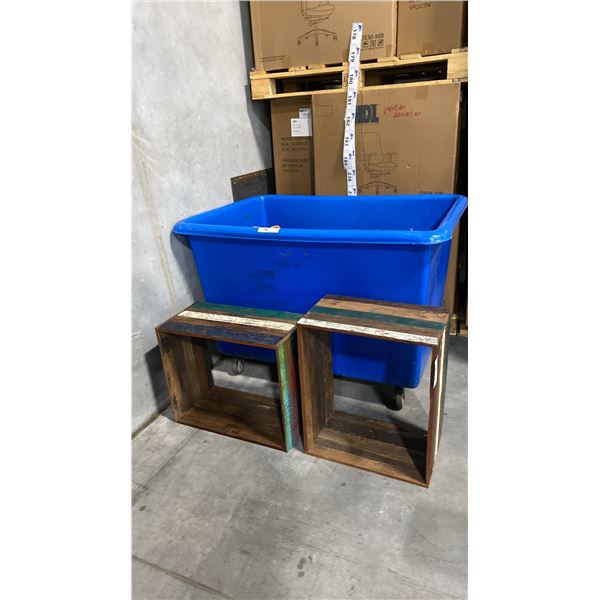 MISC ITEMS INCL 2 PRESTO HEAT DISHES, WOODEN SHOE AND DISPLAY CRATES - BIN NOT INCLUDED