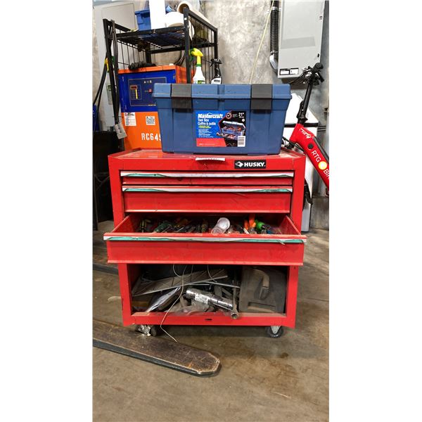 HUSKY MOBILE TOOL BOX W/ CONTENTS AND MASTERCRAFT PORTABLE PLASTIC TOOL BOX