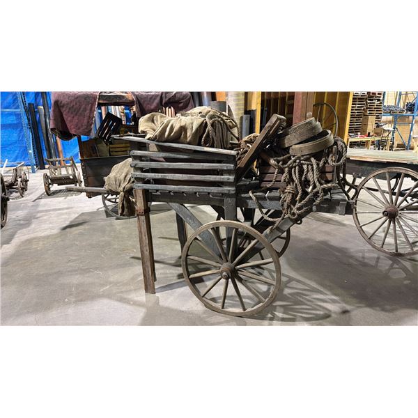RUSTIC WOODEN HAND DRAWN CART WITH PROP CARGO AND ROPES