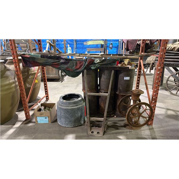 GROUP OF ASSORTED PROPS - WOODEN DOLLY, TIN CANS, ANTIQUE WATER PUMP, BAMBOO LADDER, BOX