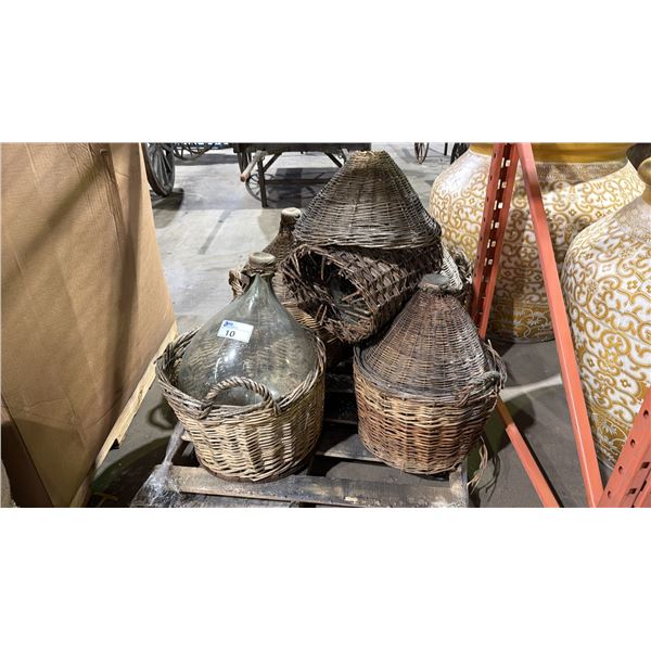 GROUP OF 4 GLASS WINE STORAGE CARBOYS WITH WICKER BASKET HOLDERS