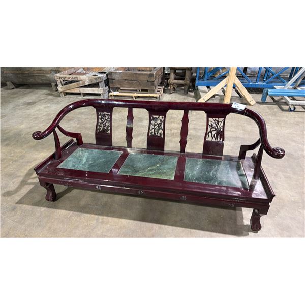 ROSEWOOD FINISH CARVED BACK SOFA WITH GREEN STONE INLAID SEAT PANELS
