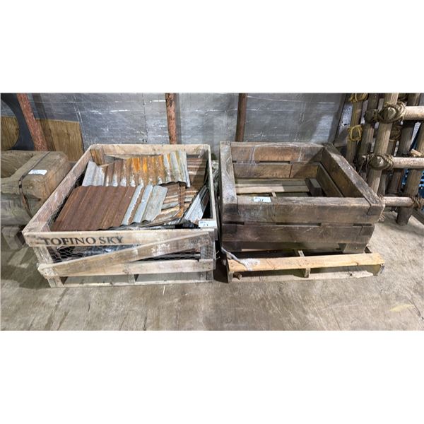 WOODEN PALLET BIN WITH METAL SIDING PIECES AND WOODEN LANDSCAPING RETAINER OR