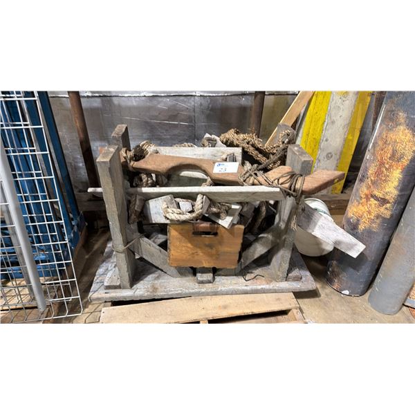 PALLET OF ASSORTED SHOW PROPS - ROPE LADDER, WOODEN COW YOKE, WOODEN CRATE, RUSTIC TABLE, ETC