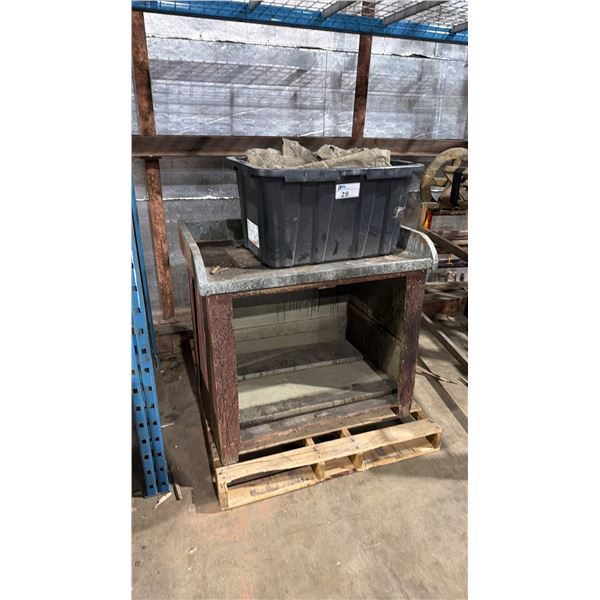 PLASTIC STORAGE BIN OF PAINTERS DROP CLOTHS AND WOODEN COUNTER CABINET