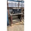 Image 1 : PLASTIC STORAGE BIN OF PAINTERS DROP CLOTHS AND WOODEN COUNTER CABINET