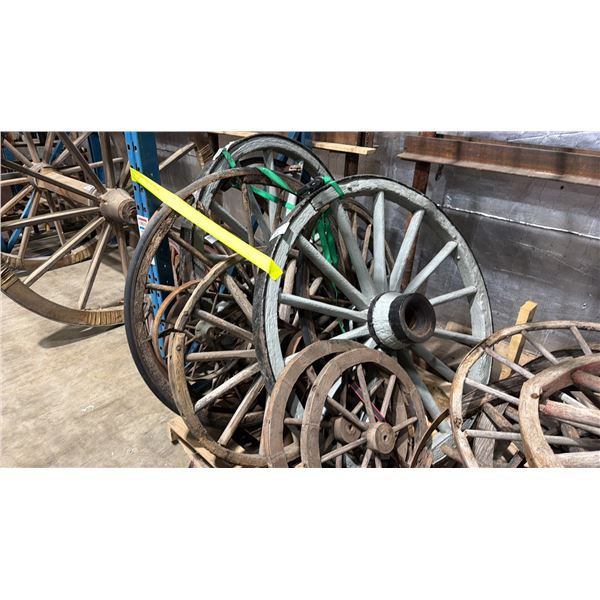 GROUP OF APPROX. 10 VARIOUS SIZE RUSTIC WOODEN AND METAL CART/WAGON WHEELS