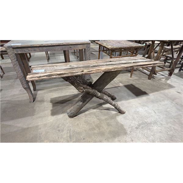 RUSTIC WOODEN PLANK & LOG NARROW TABLE - APPROX. 5FT X 1 1/2FT X 2 1/2FT TALL
