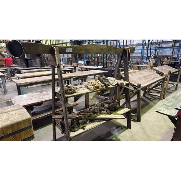 RUSTIC WOODEN 2 TIER SHELF UNIT WITH ASSORTED ROPE