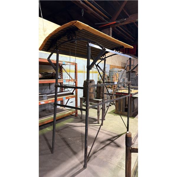 LARGE METAL FRAMED WITH RETRACTABLE ROOF COVER SHOW PROP - APPROX. 6FT X 5FT X 8FT TALL