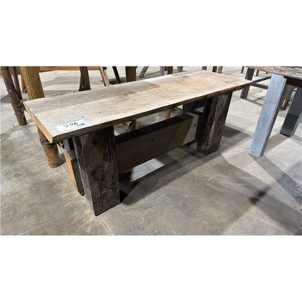 RUSTIC WOOD PLANK BENCH SEAT WITH HEAVY TIMBER BEAM BASE