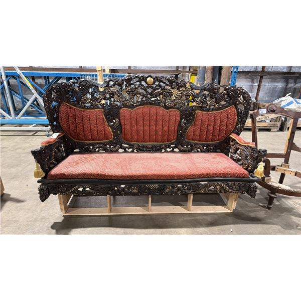 HEAVILY CARVED WOODEN ANTIQUE SOFA WITH DRAGON MOTIF **ALTERED BASE FOR SHOW PROP **