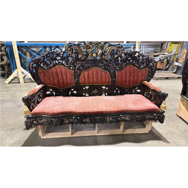 HEAVILY CARVED WOODEN ANTIQUE SOFA WITH DRAGON MOTIF **ALTERED BASE FOR SHOW PROP **