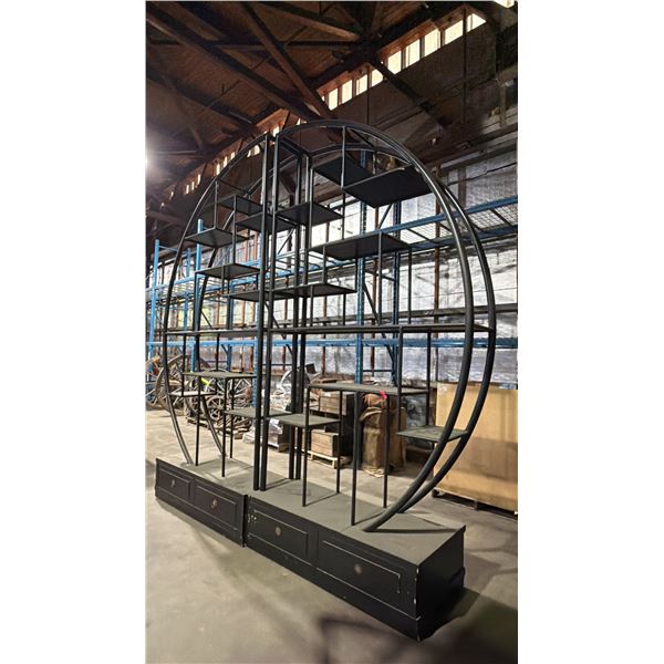 APPROX. 12FT 2PCS. BLACK METAL DISPLAY SHELF UNIT ON ROLLING WOODEN CABINET BASE