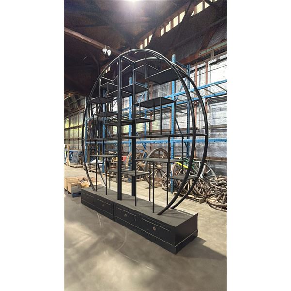 APPROX. 12FT 2PCS. BLACK METAL DISPLAY SHELF UNIT ON ROLLING WOODEN CABINET BASE